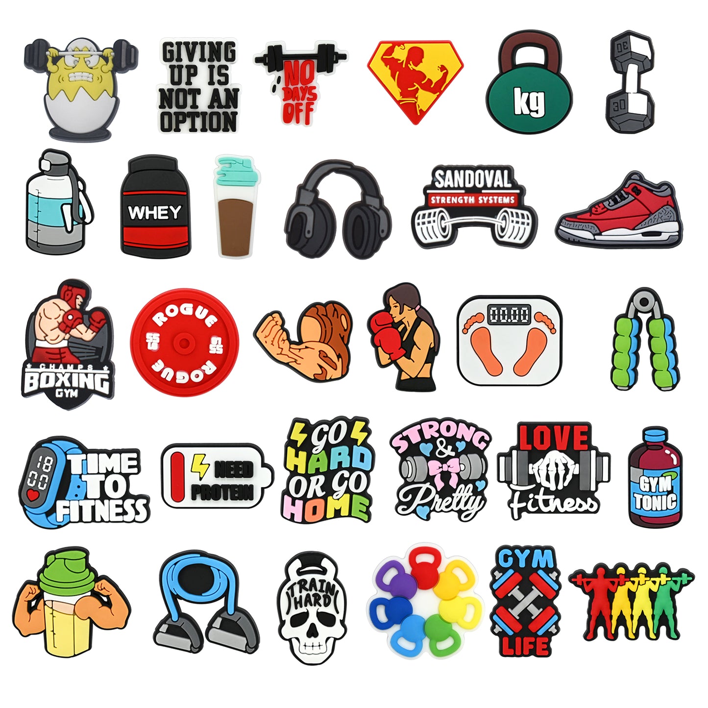 Fitness clog charms with dumbbell and boxing glove designs