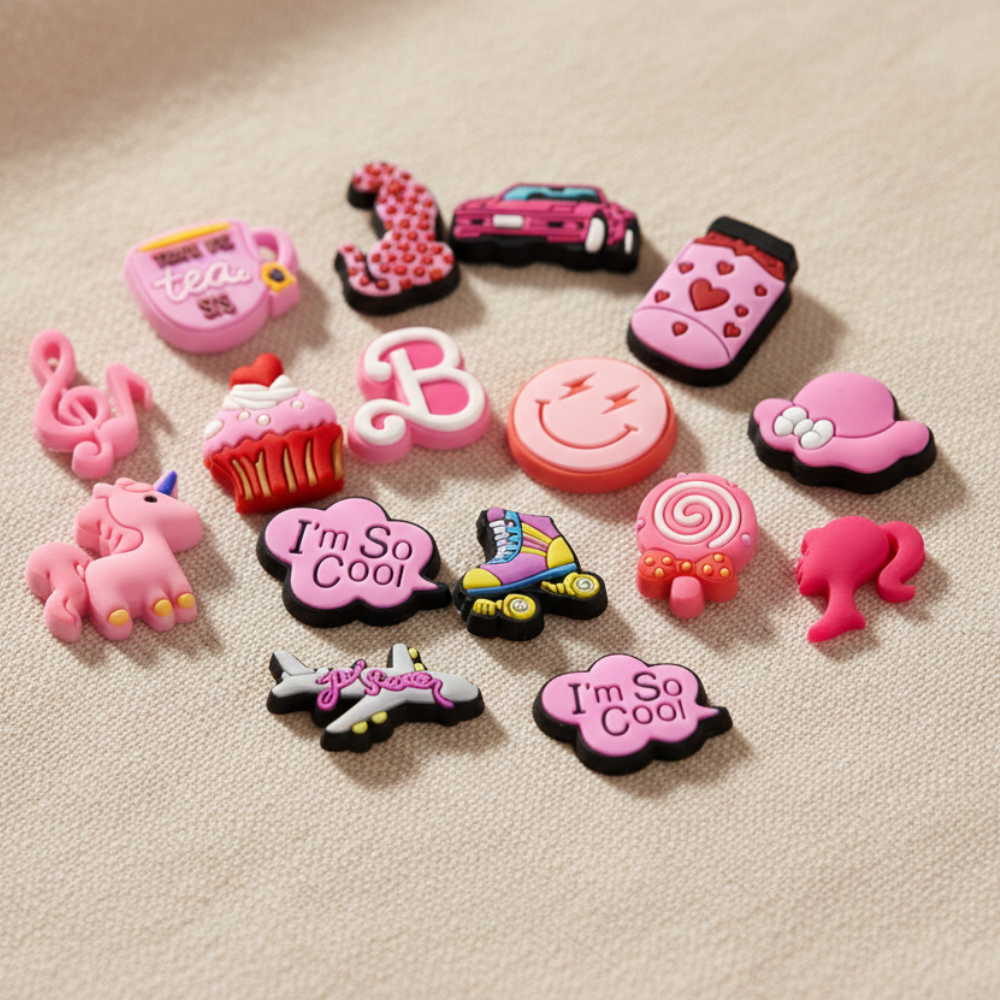 IvaSky 30PCS pink shoe charms assortment displayed in flat lay for perforated clog-style shoes