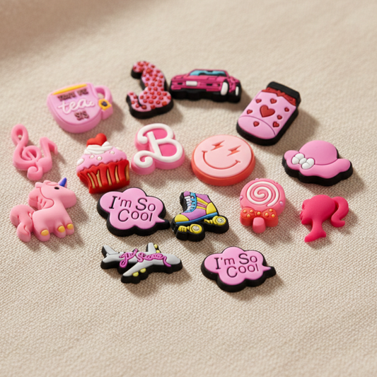 IvaSky 30PCS pink shoe charms assortment displayed in flat lay for perforated clog-style shoes