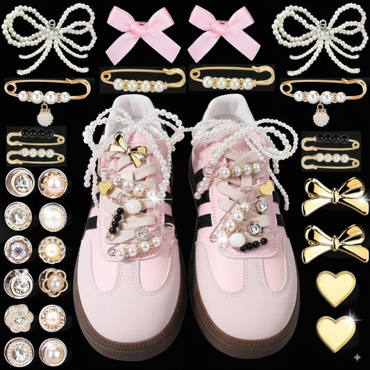 IvaSky Pearl Bow Shoe Charms in Gold & White – Flat Lay Set Display