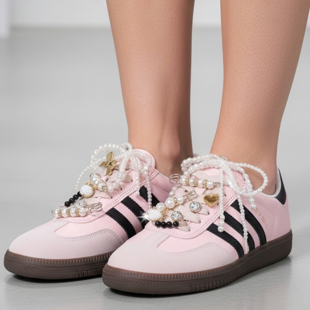 IvaSky Pearl Sneaker Jewelry on Pink Sneakers – Close Up Lace View