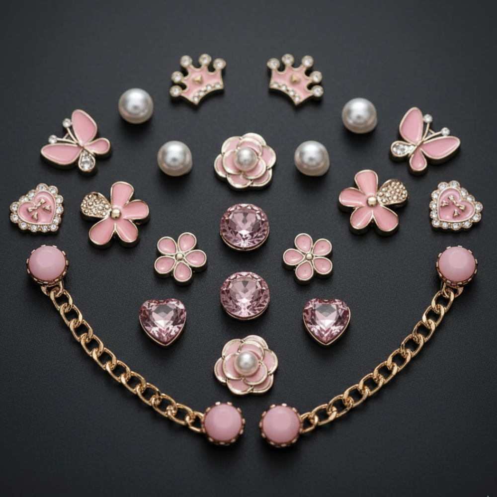 IvaSky Pink Bling Princess Clog Shoe Charms – 24PCS Set Flat Lay