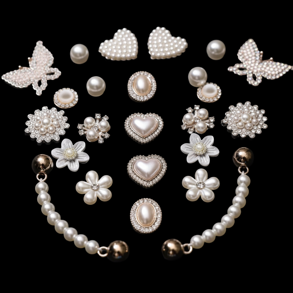 IvaSky White Pearl Luxe Clog Shoe Charms – 24PCS Bling Set Flat Lay