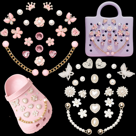 IvaSky White Pearl and Pink Luxe Clog Shoe Charms – 24PCS Bling Set Flat Lay