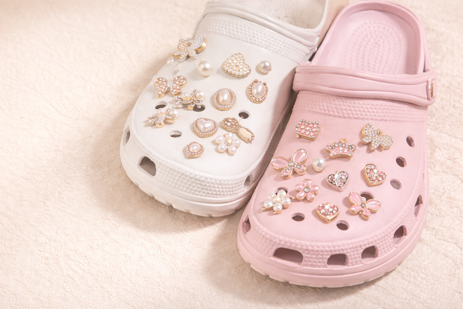 IvaSky waterproof pearl and pink shoe charms styled on decorative clog shoes