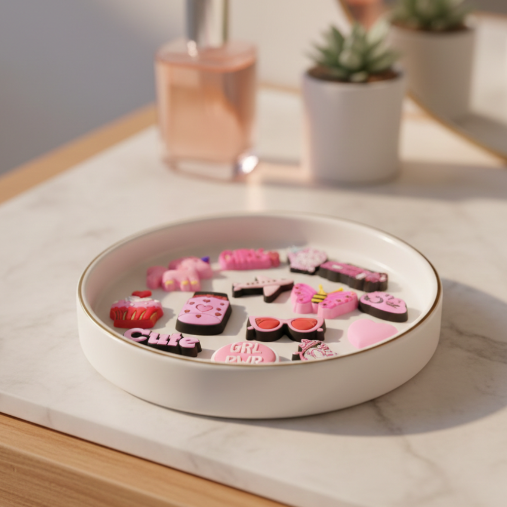 IvaSky snap-in pink shoe decorations for clog-style footwear close-up detail