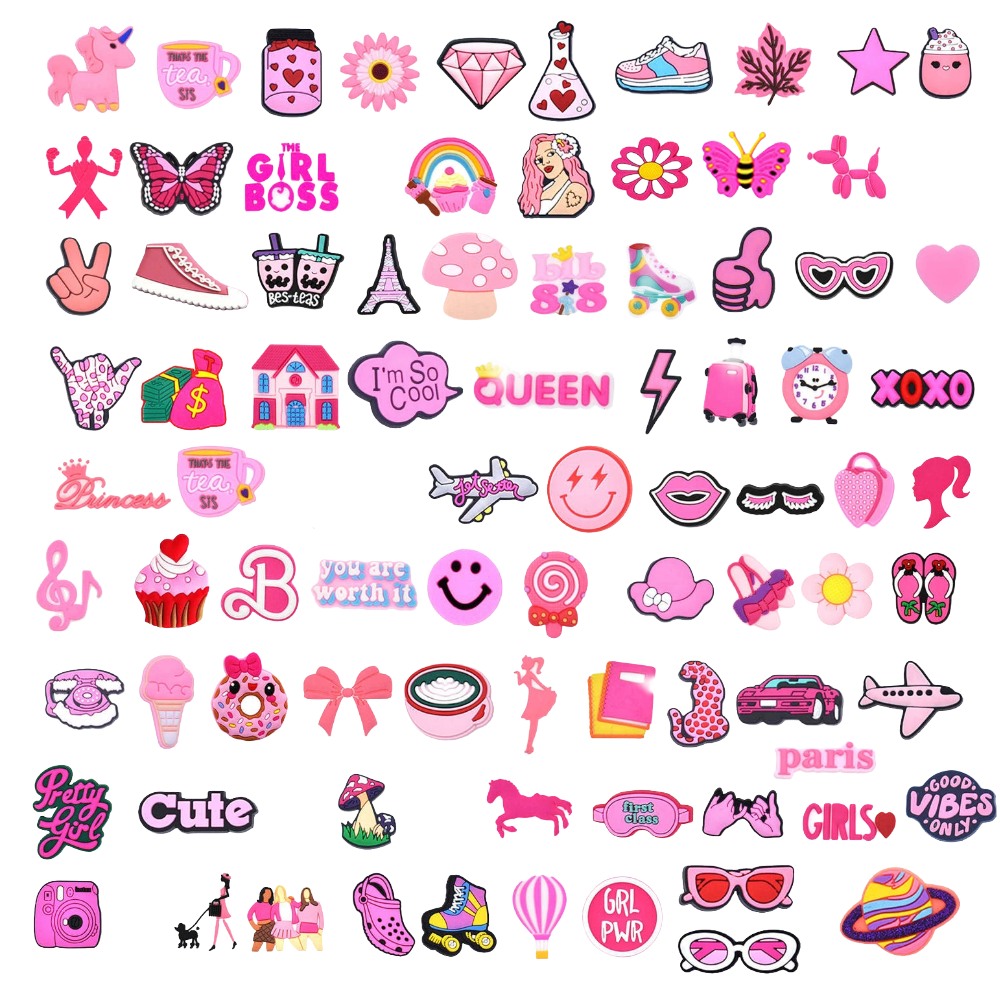 Collection of various pink-themed shoe charms 