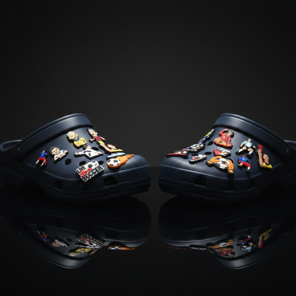 Sports-themed shoe pins for clog customization