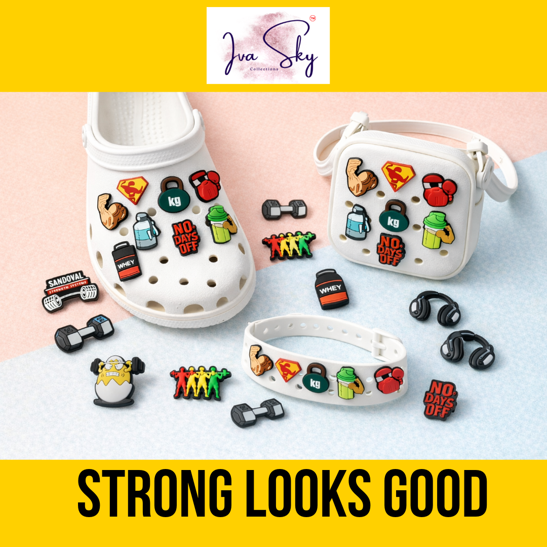 Fitness clog charms with dumbbell and boxing glove designs