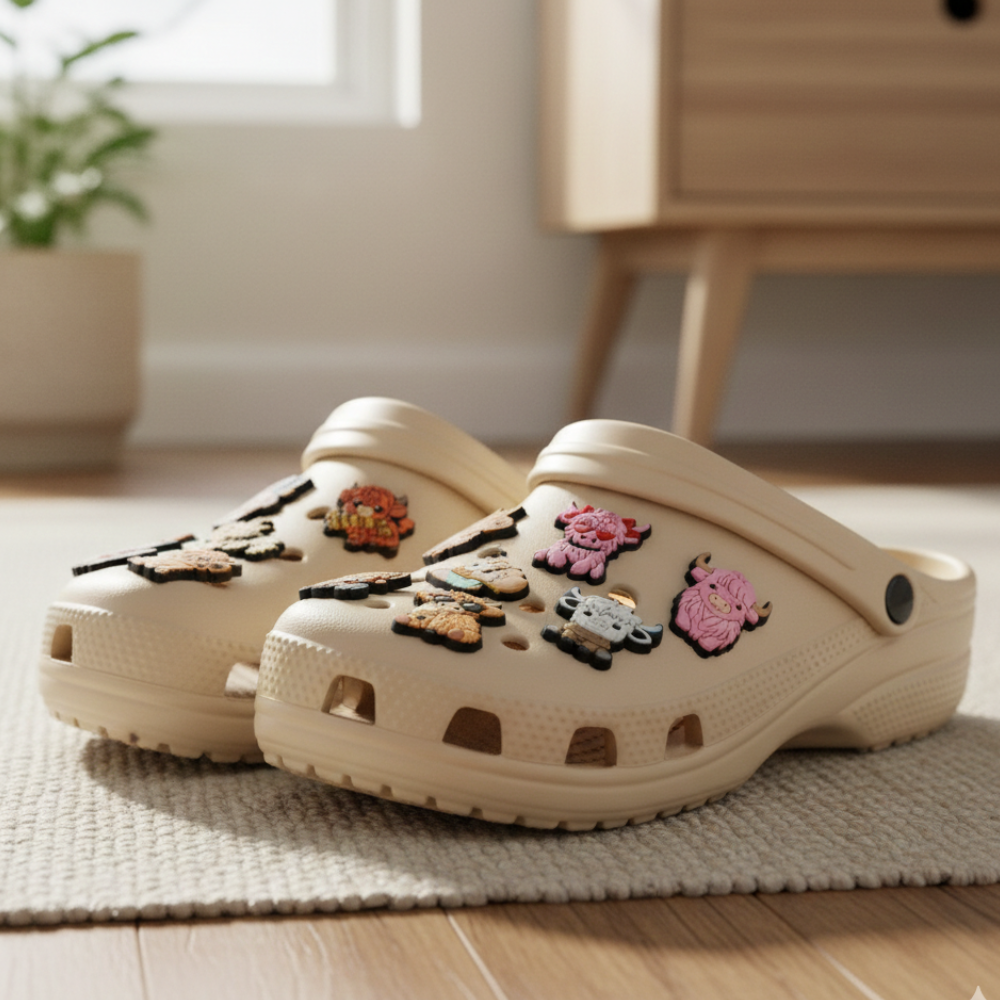 Close-up of durable Highland cow PVC shoe charms