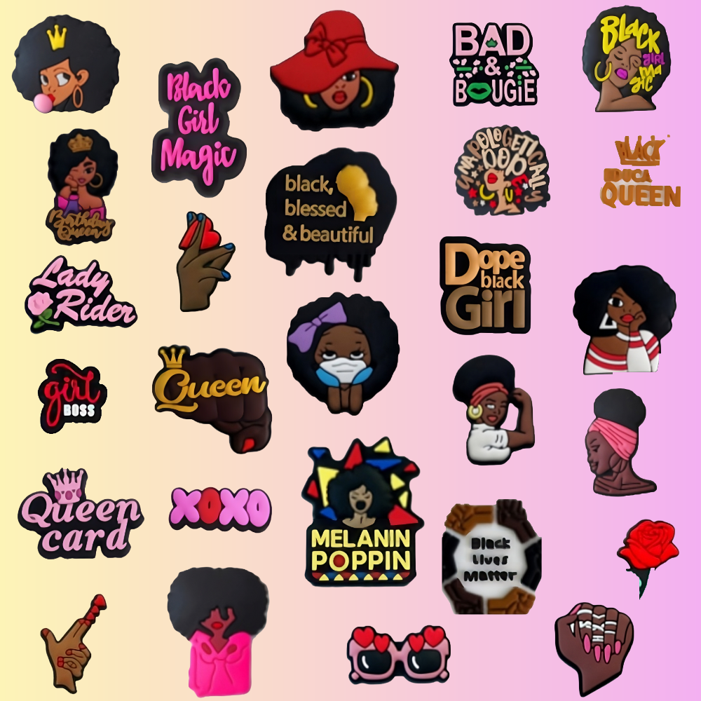 IvaSky 30PCS black empowerment shoe charms assortment displayed in flat lay for clog-style shoes