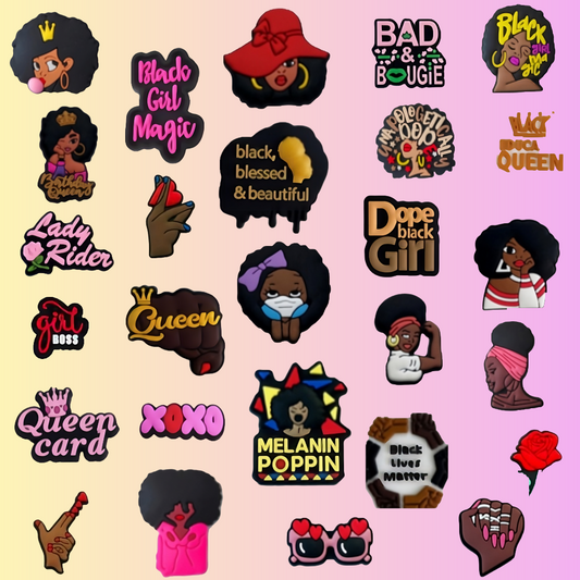 IvaSky 30PCS black empowerment shoe charms assortment displayed in flat lay for clog-style shoes