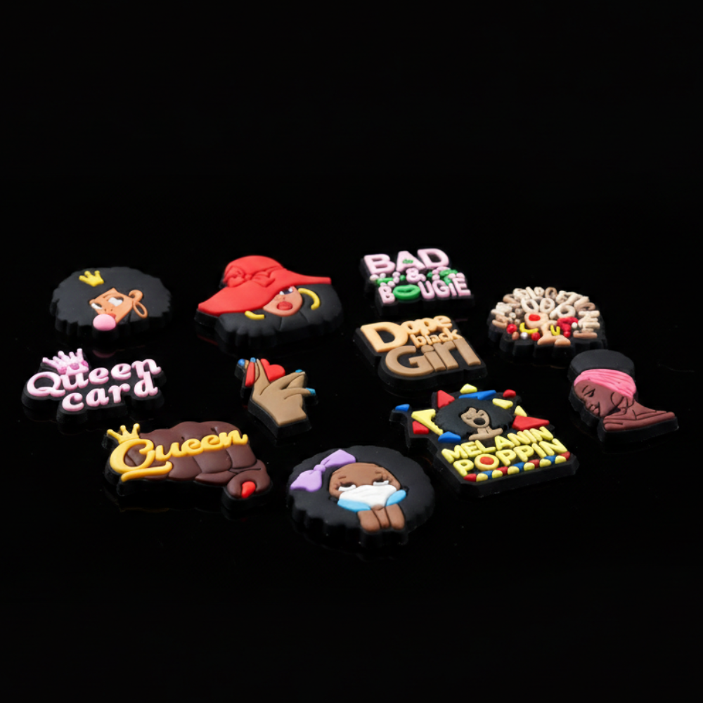 IvaSky snap-in black empowerment shoe decorations close-up detail